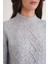 6855 Kadın Dik Yaka Saç Örgülü Triko Kazak Gri 5