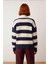 Kadın Şık Oversize Kalın Triko Kazak Selanik Dokuma Çizgili Dik Yaka Düşük Kol Kış Stili Kaliteli 3