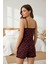Kadın Mor Kalp Desenli Askılı Şortlu Dantelli Pijama Takımı 8