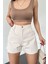 Çift Cepli Pileli Mini Denim Şort -Krem 3