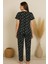 Kadın Siyah Kalp Desenli Fiyonklu Kısa Kollu Uzun Pijama Takımı 8