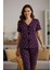 Kadın Mor Kalp Desenli Fiyonklu Kısa Kollu Uzun Pijama Takımı 6