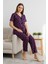 Kadın Mor Kalp Desenli Fiyonklu Kısa Kollu Uzun Pijama Takımı 7