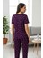 Kadın Mor Kalp Desenli Fiyonklu Kısa Kollu Uzun Pijama Takımı 8