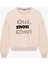 Kabartma Yazı Nakışlı Oversize Sweatshirt Bej 1