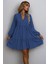 Kadın Uzun Kollu Yakadan Bağcıklı Fırfırlı Keten Mini Elbise 1