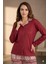 Kadın Bordo Kışlık Gömlek Yaka Düğmeli Nordik Desenli Pijama Takımı 3