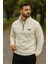 Erkek Nakışlı Polar Sweatshirt Dik Yaka Yarım Fermuar Beli Lastikli - Ekru 4