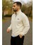 Erkek Nakışlı Polar Sweatshirt Dik Yaka Yarım Fermuar Beli Lastikli - Ekru 5