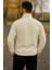 Erkek Nakışlı Polar Sweatshirt Dik Yaka Yarım Fermuar Beli Lastikli - Ekru 6