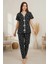 Marsilyan- Kadın Siyah Kalp Desenli Fiyonklu Kısa Kollu Uzun Pijama Takımı 1