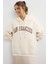 Kadın Baskılı Oversize Kapüşonlu Sweatshirt Fildişi Doğal 3