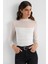 Kadın Ruched Detaylı Mesh Kırpılmış Yüksek Boyunlu Bluz Beyaz 1