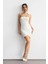 Kadın Çiçek Detaylı Straplez Büzgülü Tül Bodycon Mini Elbise Tozlu Beyaz 2
