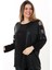 Yuvarlak Yaka Kolu ve Omuzları Tül Detaylı Uzun Kollu Önü Deri Görünümlü Taş Işlemeli Tasarım Büyük Beden Bluz 2