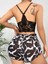 Zengezur Kadın Siyah Leopar Desenli Dantel Detaylı Şortlu Gecelik Pijama Takımı 5055 2