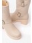 5109-3043 Bej Toka Aksesuarlı Fermuarlı Kalın Topuklu Günlük Kadın Bot 3