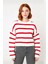 Kadın Crop Boy Akrilik Triko Kazak Bisiklet Yaka Geniş Kalıp Çizgili Soğuk Havalara Uygun Kaliteli 2