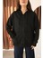 Siyah Oversize Içi Polar ve Fermuar Detaylı Kapüşonlu Kadın Sweatshirt 1
