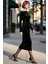 Kadın Şık Kayık Yaka Siyah Kadife Midi Elbise Uzun Kollu Büzgülü Bodycon Kış Mevsimi Özel Davet 3