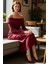 Kadın Bordo Bodycon Kalıp Carmen Yaka Uzun Kollu Örme Midi Elbise Şık Gündüz Gece Kombinleri Için 2