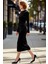 Kadın Siyah Kadife Bodycon Midi Elbise Polo Yaka Uzun Kollu Büzgülü Modern Kış Şıklığı Kaliteli 1