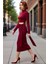 Kadın Bordo Düz Bodycon Cut Outlı Midi Örme Elbise Dik Yaka Uzun Kollu Şık Kışlık Model Kaliteli 1