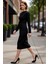 Kadın %100 Pamuk Bodycon Midi Elbise Bağlama Detaylı Bisiklet Yaka Uzun Standart Kol Şıklığı 1