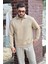 Erkek Bej Polo Yakalı Pamuklu Yumuşak Kalın Kumaşlı Oversize Sweatshirt 3