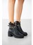 Shoy Leopar Zincir Aksesuarlı Kadın Bot-Siyah 4