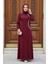 - Boncuk Detaylı Bordo Tesettür Saten Abiye Elbise 62281BR 1