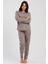 Kadın Büyük Beden Espresso Uzun Kollu Bisiklet Yaka Desenli Pijama Takımı C0T7N2305 1