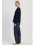 Kadın Büyük Beden Lacivert Uzun Kollu V Yaka Desenli Pijama Takımı C0T7N1305 3