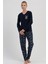 Kadın Büyük Beden Lacivert Uzun Kollu V Yaka Desenli Pijama Takımı C1T7N1305 1