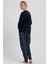 Kadın Büyük Beden Lacivert Uzun Kollu V Yaka Desenli Pijama Takımı C1T7N1305 4