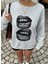 Kadın Gri Oversize Sweatshirt – Baskılı Dudak Desenli, Sokak Stili, Rahat Kesim 1