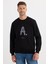 Unisex Relax Fit Rahat Kesim Pamuklu Yumuşak Dokulu Bisklet Yaka Iç Polarlı Baskılı Siyah Sweatshirt 2