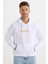 Erkek Oversize Geniş Kesim Pamuklu Baskılı Beyaz Kapüşonlu Sweatshirt 1