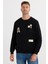 Erkek Relax Fit Rahat Kesim Pamuklu Lastikli Kol Bisiklet Yaka Baskılı Siyah Sweatshirt 1