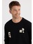 Erkek Relax Fit Rahat Kesim Pamuklu Lastikli Kol Bisiklet Yaka Baskılı Siyah Sweatshirt 2