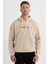 Erkek Oversize Geniş Kesim Pamuklu Baskılı Bej Kapüşonlu Sweatshirt 2