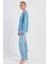 Kadın Büyük Beden Mavi Uzun Kollu V Yaka Pijama Takımı C8T6N1305 3