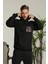 Erkek Oversize Üç Iplik Kapüşonlu Sweatshirt –sırt ve Ön Baskılı, Kanguru Cepli, Rahat Kalıp Maskot Desenli Model - Siyah 1