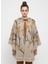 Bej Kabartmalı Çiçek Desenli Kapüşonlu Kadın Panço 1