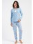 Kadın Mavi Renk Uzun Kollu Bisiklet Yaka Lastikli Paça Penguen Desenli Pamuklu Pijama Takımı C1T6N1305 1