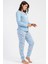 Kadın Mavi Renk Uzun Kollu Bisiklet Yaka Lastikli Paça Penguen Desenli Pamuklu Pijama Takımı C1T6N1305 2