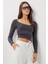 Büzgülü Crop Örme Bluz LUB0267 Antrasit 2