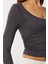 Büzgülü Crop Örme Bluz LUB0267 Antrasit 4