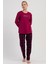 Kadın Bordo Uzun Kollu Üst Baskılı Alt Ekose Desenli Pamuklu Pijama Takımı C6T3N1305 1