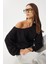 Açık Omuzlu Şardonlu Örme Sweatshirt LAN0076 Siyah 1